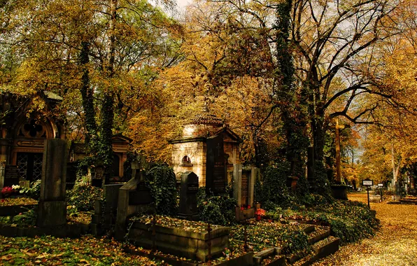Картинка autumn, cemetery, tombs, mausoleum, tombstones
