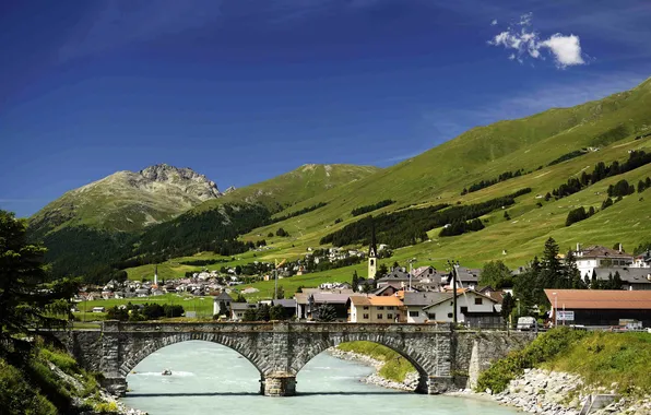 Картинка горы, мост, река, камни, дома, Швейцария, склон, городок