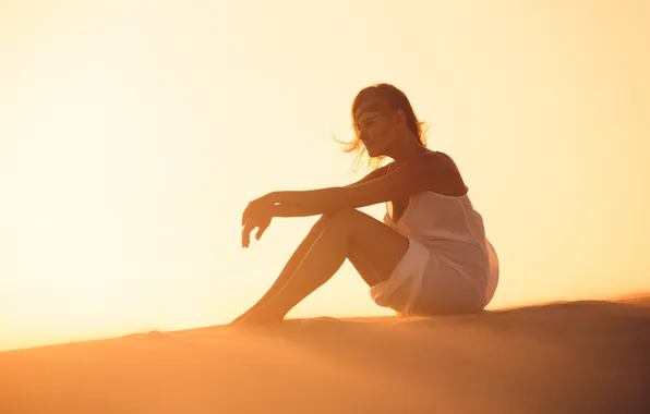 Sunshine, gold, dress, woman, yellow, sand, dessert, silhouette