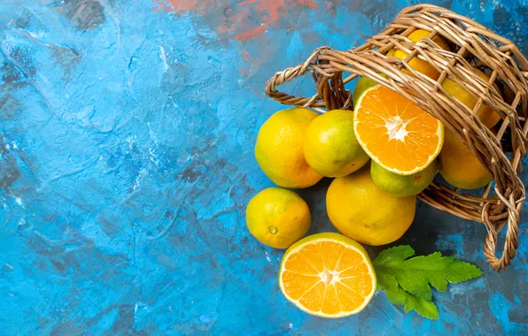 Листья, фрукты, корзинка, половинки, голубой фон, композиция, мандарины