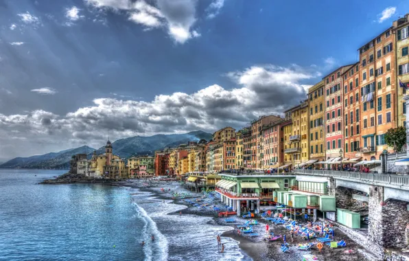 Море, пляж, облака, пейзаж, горы, побережье, HDR, дома