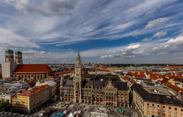 Германия, Мюнхен, панорама, ратуша, Мариенплац