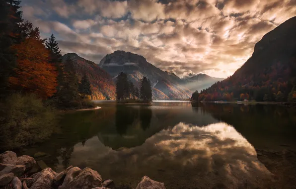 Картинка осень, облака, природа, озеро, фйорд