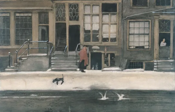 Рисунок, акварель, 1919, Willem Witsen, Виллем Витсен, Канал Kromboomsloot в Амстердаме