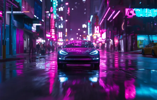 Car, night, city lights, neon, purple, driving, headlights, motion blur