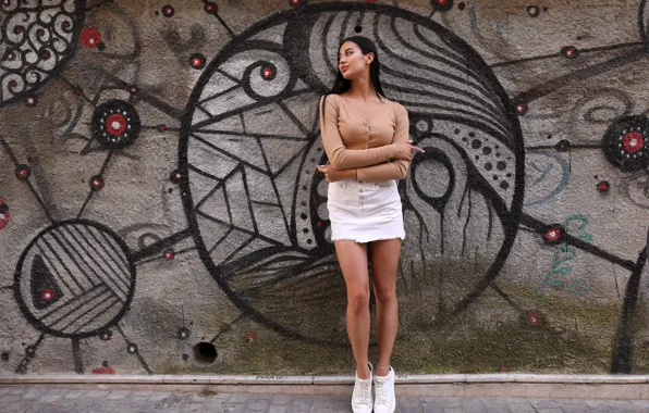 Graffiti, long hair, hot girl, model, Aria, outside, sexy woman, photoshoot