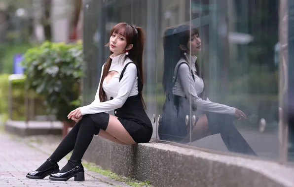 Asian, long hair, model, women, reflection, sitting, knee high socks