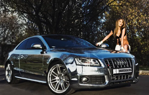 Машина, авто, осень, девушка, audi, листва, блондинка, красивая
