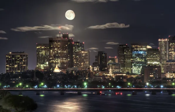 Ночь, луна, здания, Moon, Boston