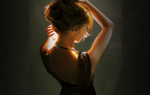 Ожерелье, в темноте, портрет девушки, со спины, руки над головой