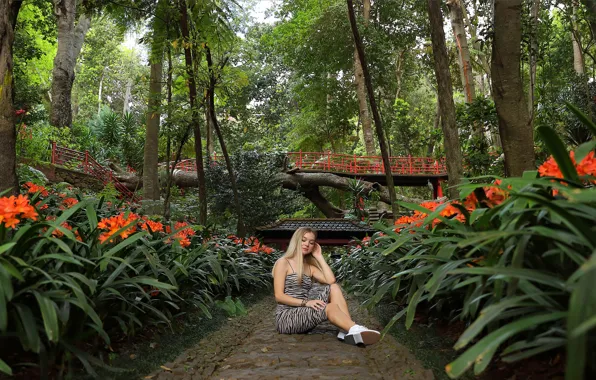 Forest, long hair, hot girl, trees, nature, bridge, model, garden