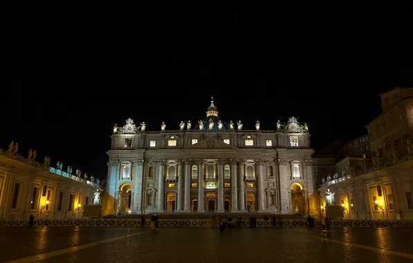Ночь, огни, Ватикан, собор Святого Петра, площадь Святого Петра