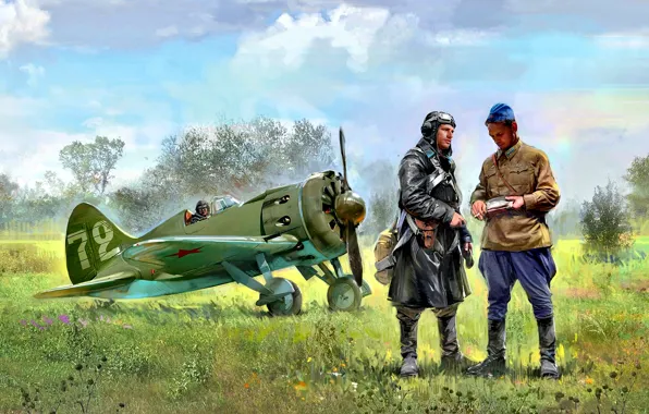 Картинка Трава, истребитель, И-16, ВВС РККА, Лётчики, Радиальный двигатель