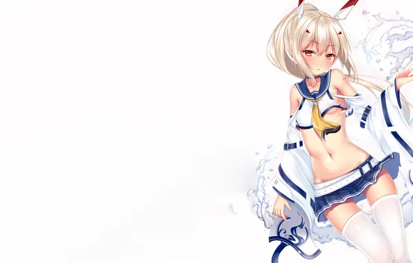 Girl, sexy, cleavage, thighhighs, long hair, boobs, anime, water