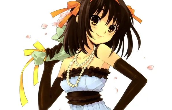 Улыбка, букет, перчатки, бусы, art, haruhi suzumiya, noizi ito