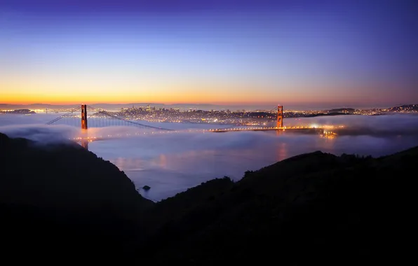 Картинка ночь, огни, Калифорния, Сан-Франциско, california, Pacific Ocean, Bridge, night