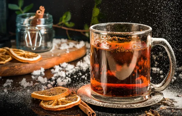 Стекло, темный фон, стол, чай, апельсины, кружка, чашка, банка