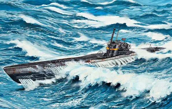 Картинка волны, Немецкая, Вторая Мировая война, Kriegsmarine, подводнaя лодка, U-boot-klasse VII, U-boot, Type VIIC/41