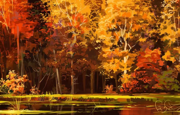 Осень, лес, деревья, озеро, арт