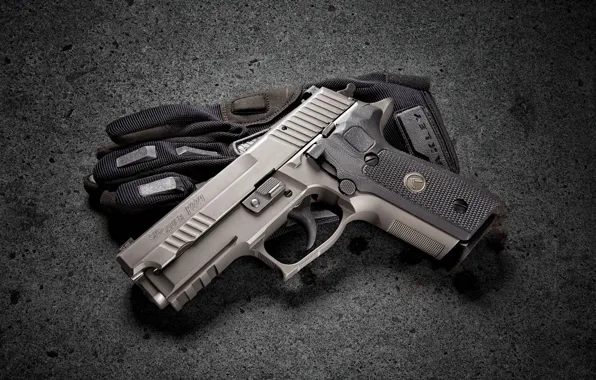 Пистолет, фон, перчатка, Sig Sauer P229 Legion