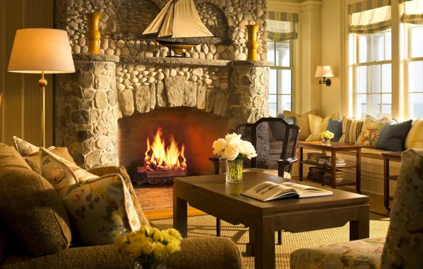 Картинка комната, вилла, интерьер, камин, ностиная