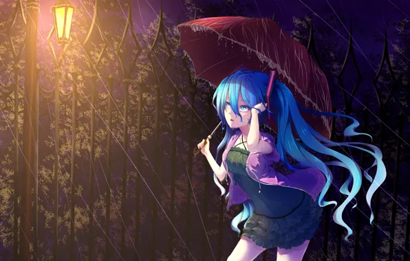 Девушка, ночь, дождь, удивление, зонт, фонарь, vocaloid, hatsune miku