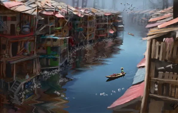 Картинка птицы, река, люди, лодка, дома, шляпа, арт, канал