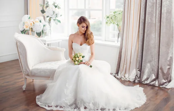 Девушка, цветы, праздник, букет, невеста, dress, style, свадьба