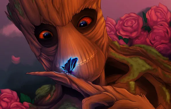 Картинка взгляд, дерево, бабочка, Groot, guardians of the galaxy, добряк