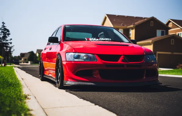 House, Mitsubishi, Lancer, Red, Evolution, EVO, Road, Stance