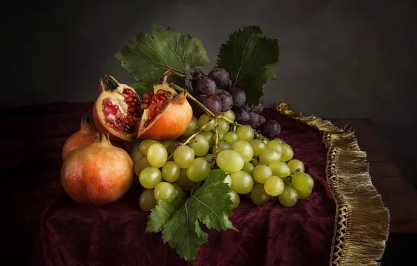 Картинка виноград, фрукты, натюрморт, гранат, бахрома