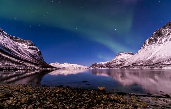 Картинка зима, ночь, северное сияние, Норвегия, Фьорд Тромсё