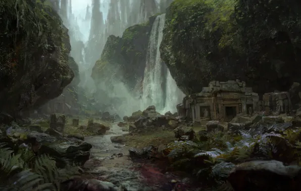 Трава, туман, ручей, камни, водопад, мох, руины, Path of Exile
