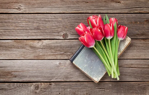 Картинка цветы, букет, тюльпаны, красные, red, wood, flowers, romantic