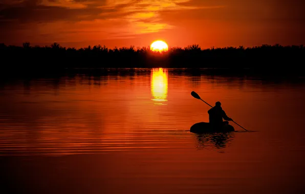 Картинка закат, природа, река, путь, лодка, человек, цель, вечер
