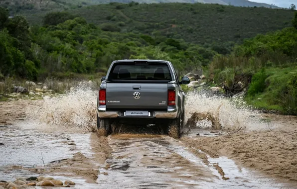 Вода, брызги, Volkswagen, грязь, вид сзади, пикап, Amarok, 2020