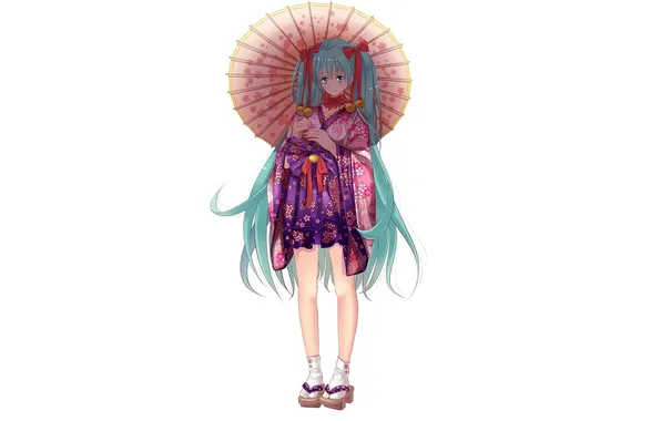 Картинка девушка, улыбка, одежда, зонт, vocaloid, hatsune miku, колокольчики, вокалоид