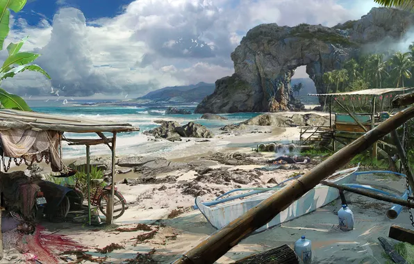 Картинка море, пляж, горы, берег, палатки, Far Cry: 3