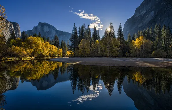 Trees, sunset, Yosemite, autumn, mountains, pond
