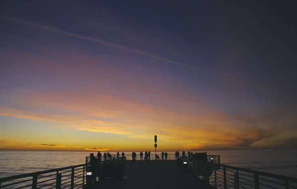 Sky, sunset, water, clouds, people, pier