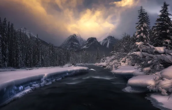 Картинка зима, лес, снег, горы, природа, река