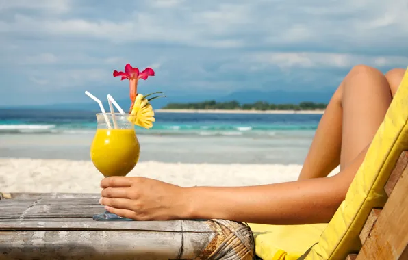 Beach, woman, drinking