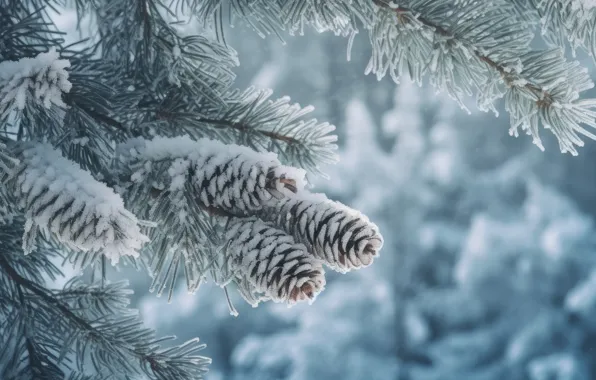 Зима, иней, лес, макро, снег, ветки, природа, ель
