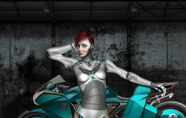 Картинка девушка, металл, робот, арт, мотоцикл
