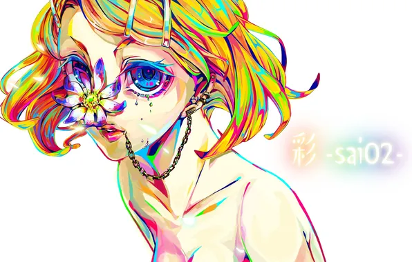 Картинка девушка, надпись, бабочка, colorful, пирсинг, слезы, арт, цепочка