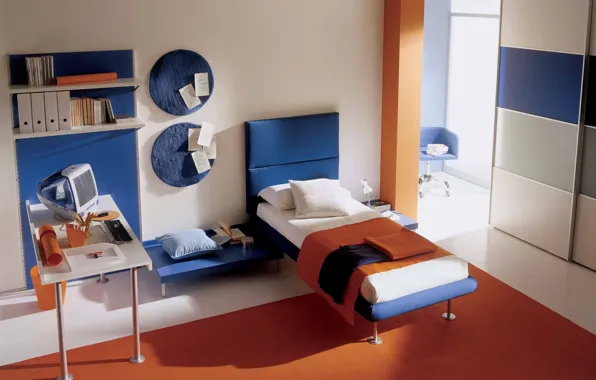 Interior, decor, blue-orange, childrens bedroom