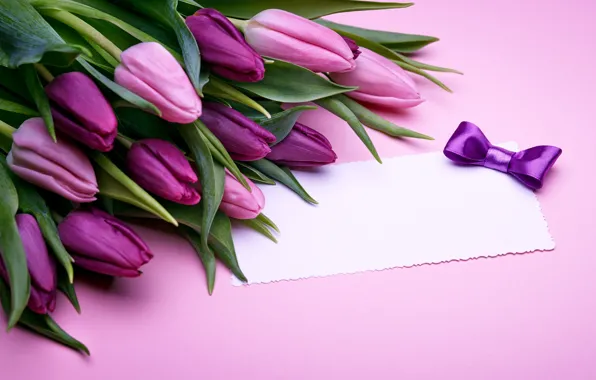 Картинка букет, тюльпаны, love, розовые, бант, fresh, pink, flowers