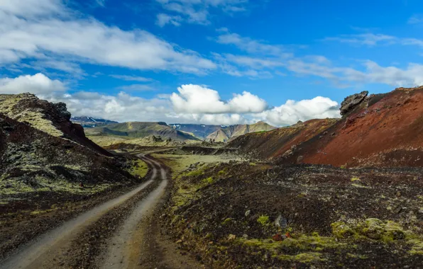 Картинка дорога, небо, облака, горы, Исландия, Iceland