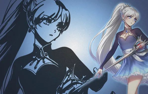 Девушка, аниме, арт, голубой фон, RWBY, Красный Белый Чёрный Жёлтый
