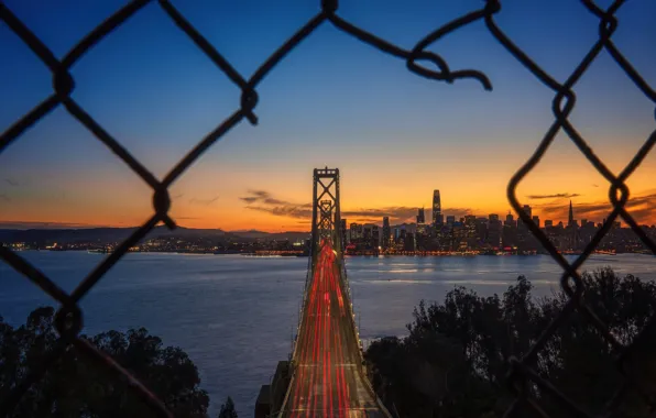 Картинка закат, мост, Калифорния, залив, Сан-Франциско, ночной город, California, San Francisco